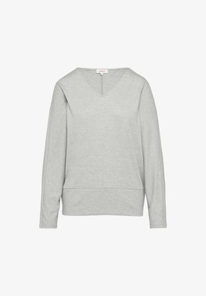 Szary top z dekoltem w serek, z długim rękawem i luźnym krojem. Wykonany z miękkiego materiału, z wykończeniem szwów i subtelną strukturą. Klasyczny, swobodny design.