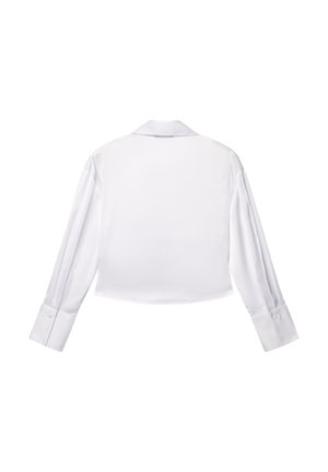 Chemise blanche à manches longues avec col, texture lisse, coupe courte, poignets boutonnés, avec un dos uni sans ornements.