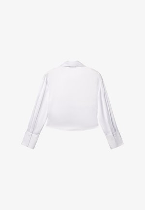 Camicia bianca a maniche lunghe con colletto, texture liscia, design corto, polsini con bottoni, con schiena semplice senza decorazioni.