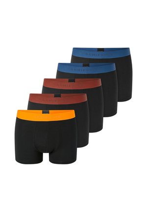 Ensemble de cinq boxers noirs avec ceintures élastiques colorées en orange, bleu et marron. Le matériau semble lisse avec une coupe ajustée.