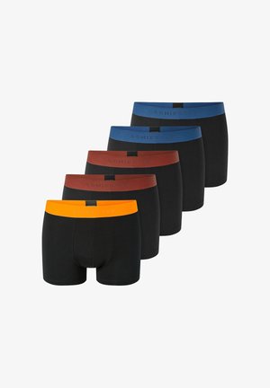Ensemble de cinq boxers noirs avec ceintures élastiques colorées en orange, bleu et marron. Le matériau semble lisse avec une coupe ajustée.