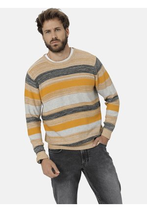 Striped sweater in yellow, gray, and white, featuring a crew neck and ribbed cuffs. Soft texture, casual fit, and prominent horizontal lines.