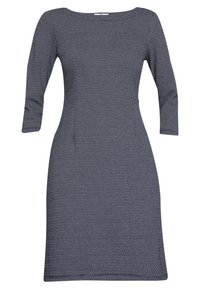 Mörkblå klänning med rund halsringning och trekvartslånga ärmar, med en texturerad mönster. Fitted silhuett med knälång skärning.