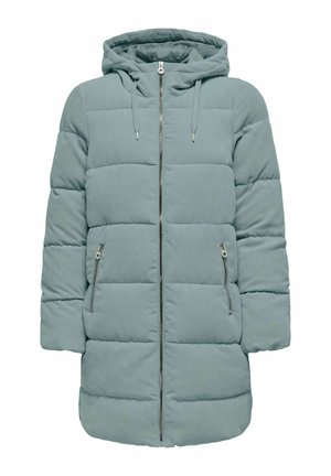Manteau rembourré bleu-vert clair avec capuche, présentant une texture côtelée verticale, un zip à l'avant et deux poches latérales.