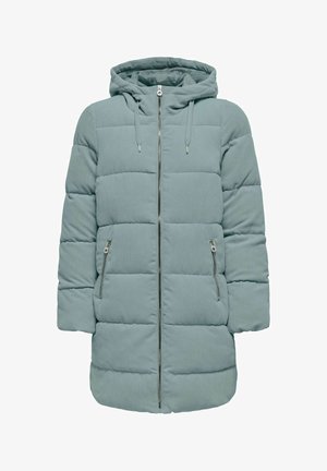 Hellblaue, gepolsterte Jacke mit Kapuze, vertikaler Rippstruktur, Frontreißverschluss und zwei seitlichen Taschen.