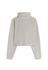 Svijetlo siva rebrasta turtleneck majica s dugim rukavima i skraćenim dizajnom. Tekstura tkanine je meka s uskim prilagodbom oko vrata.