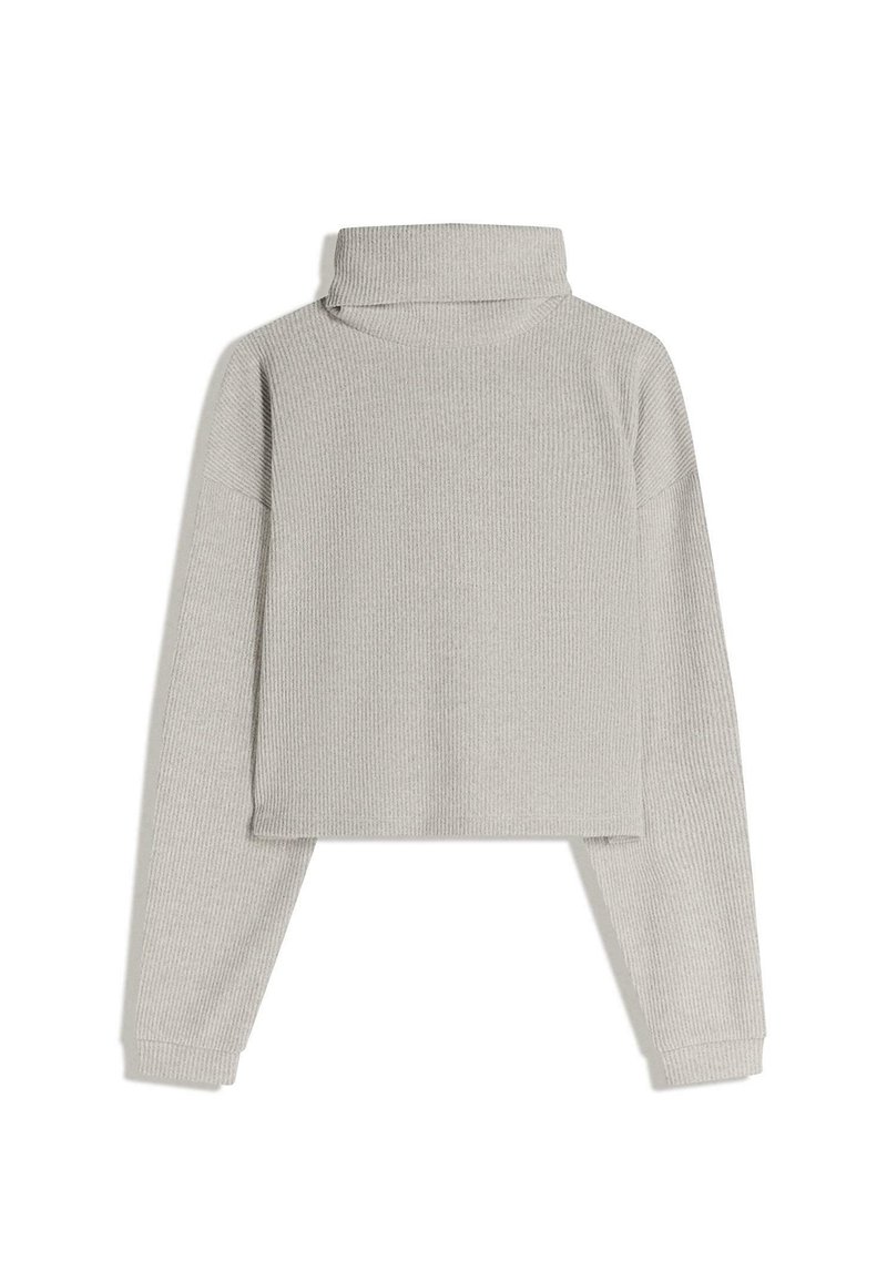Svijetlo siva rebrasta turtleneck majica s dugim rukavima i skraćenim dizajnom. Tekstura tkanine je meka s uskim prilagodbom oko vrata.