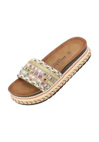Sandalo piatto a slip con tomaia tessuta simile a paglia e decorazioni multicolori. Sottopiede marrone e suola in gomma texturizzata.