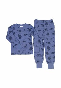 Blue pajama set made of soft cotton, featuring a pattern of astronauts, rockets, and planets in dark blue against the lighter blue background.