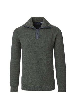 Grüner Strickpullover mit Reißverschlusskragen. Verfügt über ein strukturiertes Muster und gerippte Manschetten und Saum. Aus einem weichen Material gefertigt.