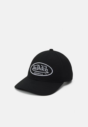 Casquette de baseball noire avec une visière courbée et le logo blanc « Von Dutch Originals » brodé sur le panneau avant.