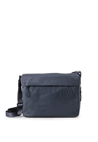 Navy Messenger-Tasche aus strapazierfähigem Material mit einer vorderen Reißverschlusstasche, verstellbarem Tragegurt, geprägtem Logo und einem klaren, rechteckigen Design.