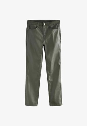 Olivengrønne bukser lavet af et glat stof, med knaplukning, forlommer og en slim fit design med lige ben.