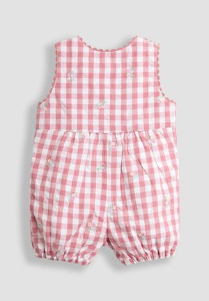 Roosa ja valge ruuduline romper, millel on laineline kaelus, elastsed jalarõhud ja lilleline tikand.