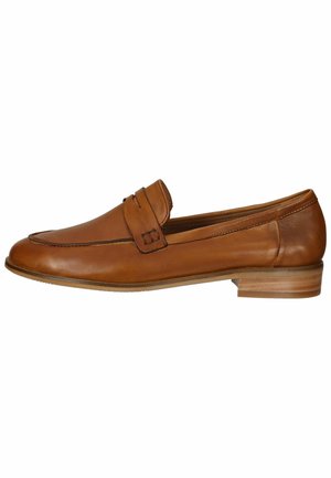 Brown leather loafer with a rounded toe, decorative strap accent, and a small stacked heel. Smooth texture with minimal stitching detail.