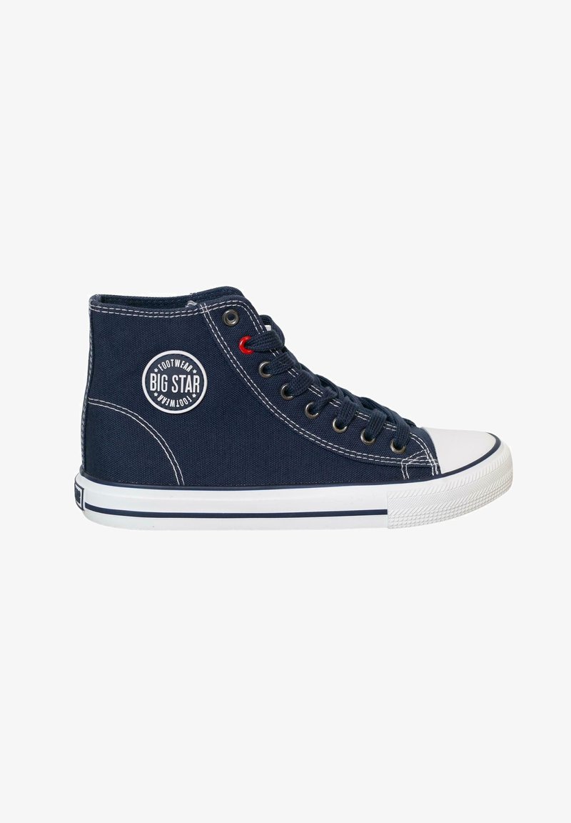 Tumesinė kanva kõrge sneakers valge kummist varba ja tallaga, punase nööbiga, küljel ümmargune logopatch ning valge õmblus.