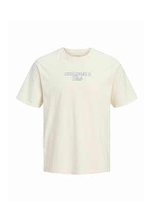 T-shirt couleur crème à manches courtes avec col rond et texte "ORIGINALS Stoke" imprimé en bleu sur la poitrine.