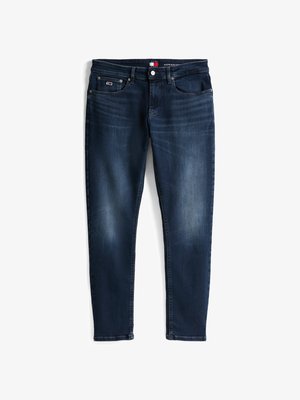 Jean en denim bleu foncé avec une coupe slim, des accents décolorés, cinq poches et une fermeture par bouton. Comprend une étiquette logo sur la taille avant.