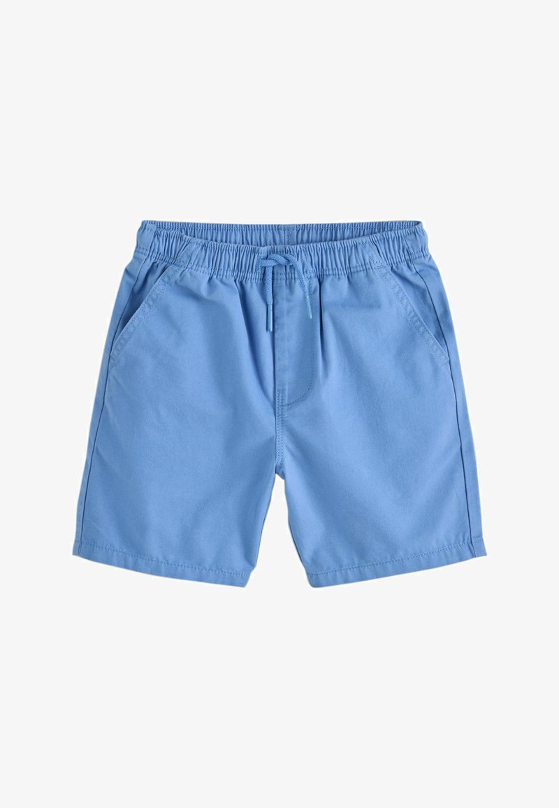 Shorts décontractés bleu clair avec taille élastique, cordon de serrage et poches latérales, présentés à plat sur un fond blanc.
