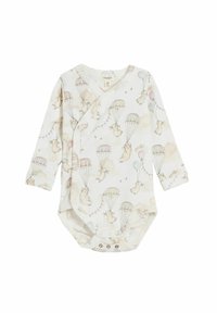 Pitkähihaisessa vauvan bodysuitissa on pehmeä valkoinen kangas, jossa on leikillinen pupukuosi, joka sisältää laskuvarjoja ja ilmapalloja; pohjassa on nepparit.