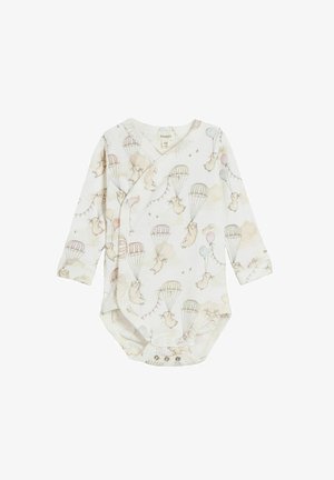Long-sleeve baby bodysuit in soft white fabric, featuring a whimsical bunny pattern with parachutes and balloons; includes snap closures at the bottom.