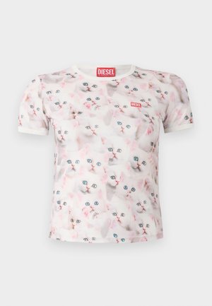 Short-sleeve white T-shirt covered with multiple white cats with blue eyes, featuring a red Diesel brand label on the chest and collar.