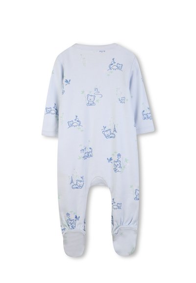 Body pour bébé bleu clair à manches longues et pieds, décoré de petites illustrations de tigres bleus et de bambous.