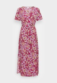 Maxi šaty v burgundské barvě s paisley a květinovým vzorem. Krátké rukávy, zavinovací design, uvázaný pas a lehká tkanina.