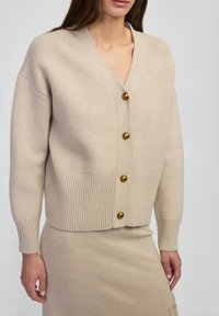 Cardigan beige a maglia con scollo a V, orlo a coste e cinque bottoni dorati; abbinato a una gonna beige coordinata, design minimalista.