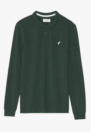 Polo de manga larga verde oscuro hecho de una mezcla de algodón, con una tapeta de tres botones, puños acanalados y un pequeño logotipo de un pájaro blanco en el pecho.