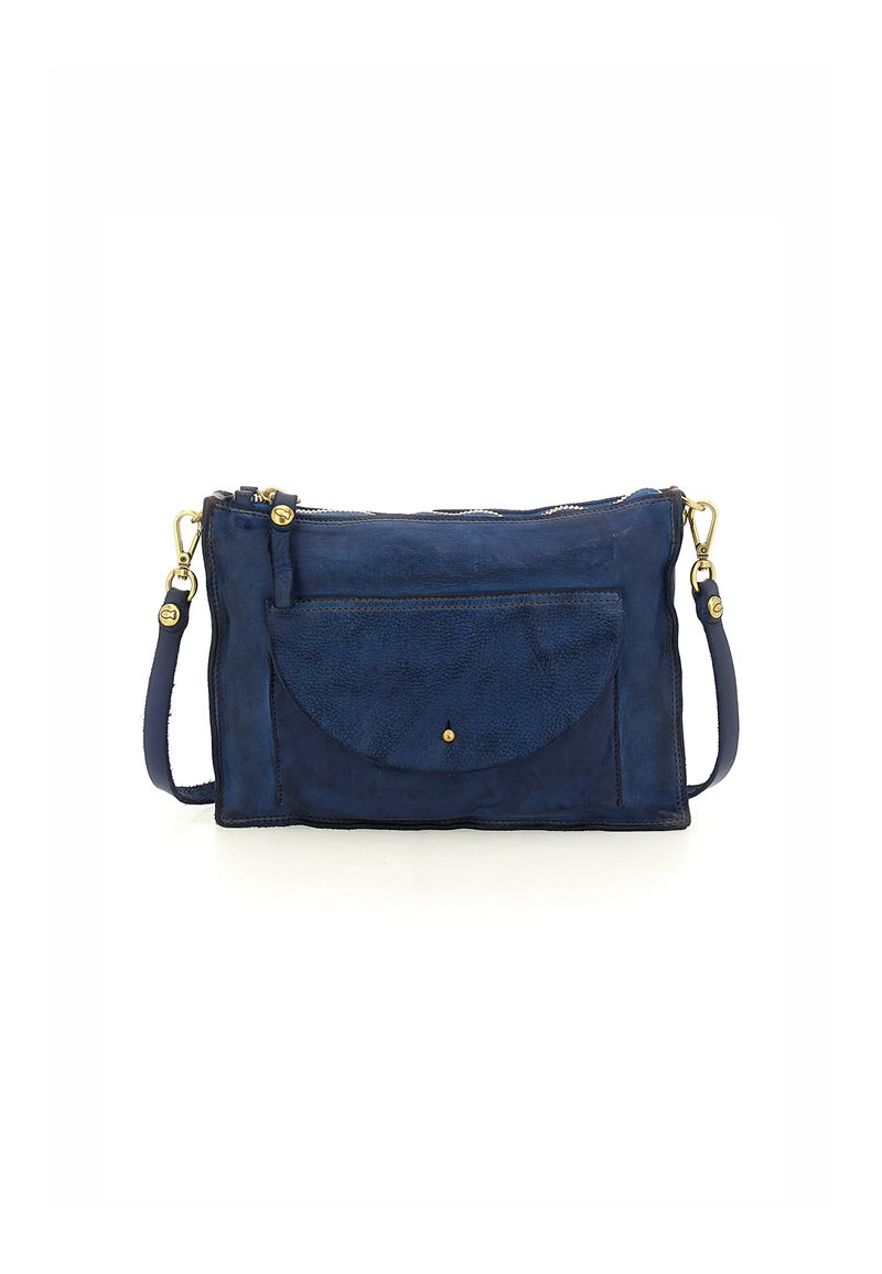 Borsa a tracolla in pelle blu navy con finitura testurizzata, dotata di tasca frontale, hardware dorato e tracolla rimovibile. Chiusura con zip.