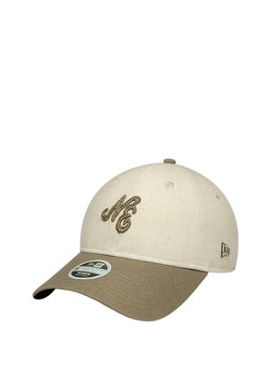 Beige and tan baseball cap with "ME" embroidered on front and a curved visor, featuring a New Era logo on the side.