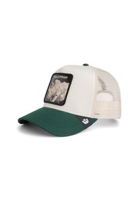 Trucker cap with a white front, green bill, and mesh back. Features a black patch with a rhinoceros design and "BULLETPROOF" text.