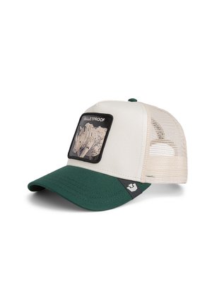 Trucker cap with a white front, green bill, and mesh back. Features a black patch with a rhinoceros design and "BULLETPROOF" text.