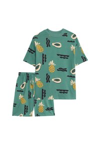 T-tröja med korta ärmar och kortbyxor med ananas- och papaya-mönster, teal bakgrund, bomullsmaterial, elastisk midja på byxorna.