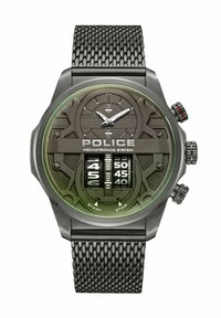 Analógové quartz hodinky s čiernym sieťovým remienkom, tmavozeleným kovovým ciferníkom, striebornými indexami a dvojitou chronografickou funkciou.