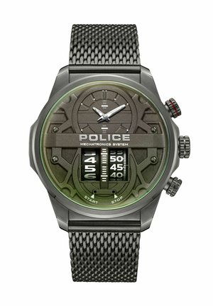 Montre analogique à quartz avec un bracelet en maille noire, un cadran vert métallique foncé, des index argentés, et un affichage chronographe double.