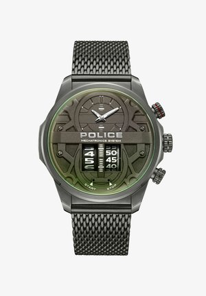 Analogi kvarcinis laikrodis su juodu tinkleliu, tamsiai metalizuotu žaliu ciferblatu, sidabriniais valandų ženklais ir dvigubu chronografu.