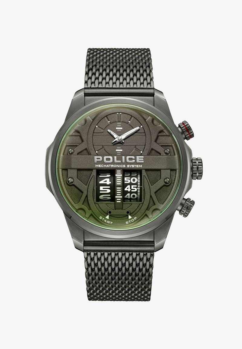 Analogowy zegarek kwarcowy z czarnym siatkowym paskiem, ciemno metalicznozieloną tarczą, srebrnymi znacznikami godzinowymi oraz podwójnym wyświetlaczem chronografu.