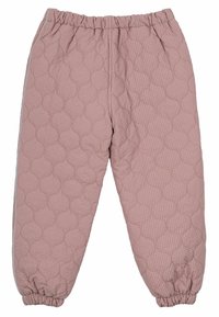 Gep quiltete Hosen in Mauve mit einem Karomuster, ausgestattet mit einem elastischen Bund und gerafften Säumen. Enthält seitliche Streifen für den Kontrast.