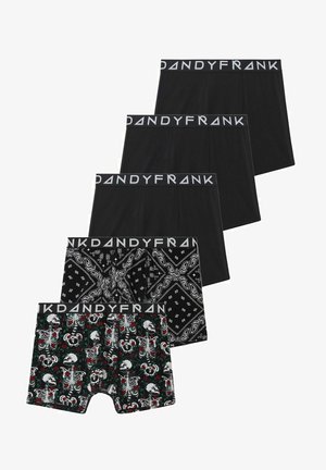 Black cotton boxer briefs with elastic waistband featuring logo. Includes two solid black pairs, one with bandana pattern, one with skull design.