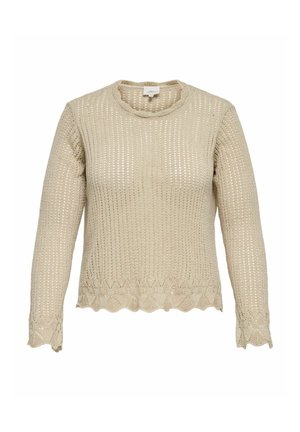 Bézs színű, hosszú ujjú kötött pulóver kerek nyakkivágással, függőleges nyitott kötött mintával és fodros szegélyekkel az ujjakon és az alján.