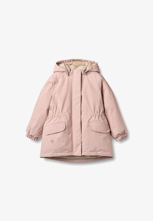 Šviesiai rožinė parko striukė su kapišonu, elastingomis rankogaliais, dviem priekinėmis kišenėmis ir minkštu vidiniu pamušalu. Lygi išorinė medžiaga, kasdienio stiliaus dizainas.