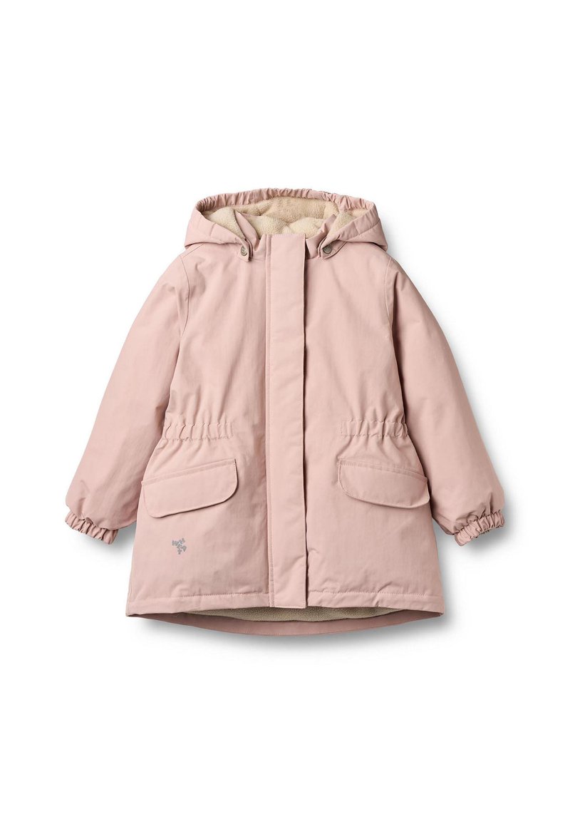 Svetloružová parka bunda s kapucňou, elastickými manžetami, dvoma prednými vreckami a jemnou vnútornou podšívkou. Hladký vonkajší materiál, ležérny dizajn.