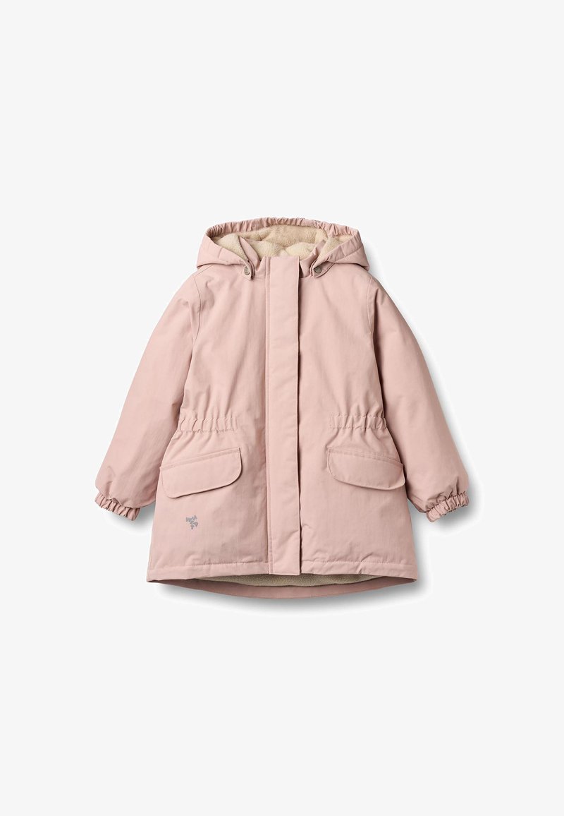 Svetloružová parka bunda s kapucňou, elastickými manžetami, dvoma prednými vreckami a jemnou vnútornou podšívkou. Hladký vonkajší materiál, ležérny dizajn.