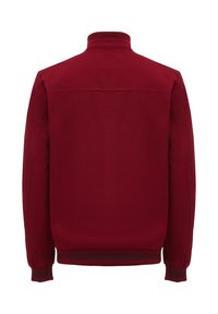 Giacca bordeaux con colletto alto, maniche lunghe e polsini e orlo a coste. Tessuto liscio, design minimalista, senza chiusure o dettagli visibili.
