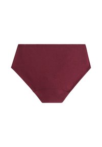 Hochgeschnittene Slip-Unterwäsche in einfarbigem Kastanienbraun mit sauberer Naht und nahtlosen Seiten auf einem weißen Hintergrund.