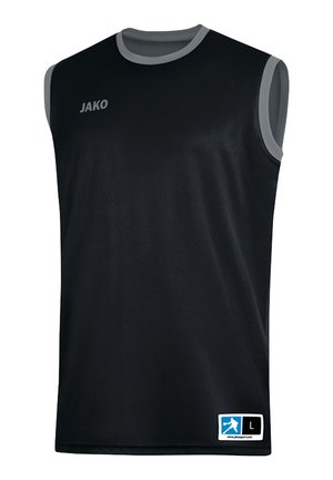Sort ærmeløs sportstrøje med grå kant, "JAKO" logo på brystet og størrelsesmærke med en spillerikon og 'L' ved kanten.