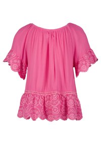 Blusa rosa a maniche corte con scollatura ampia, tessuto arricciato e bordo in pizzo floreale a ondine su maniche e orlo.