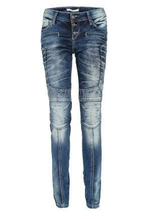 Ausgebleichte blaue Denim-Jeans mit schmaler Passform, die mehrere Knöpfe, vordere Taschen und gestickte Akzente im Kniebereich aufweisen.